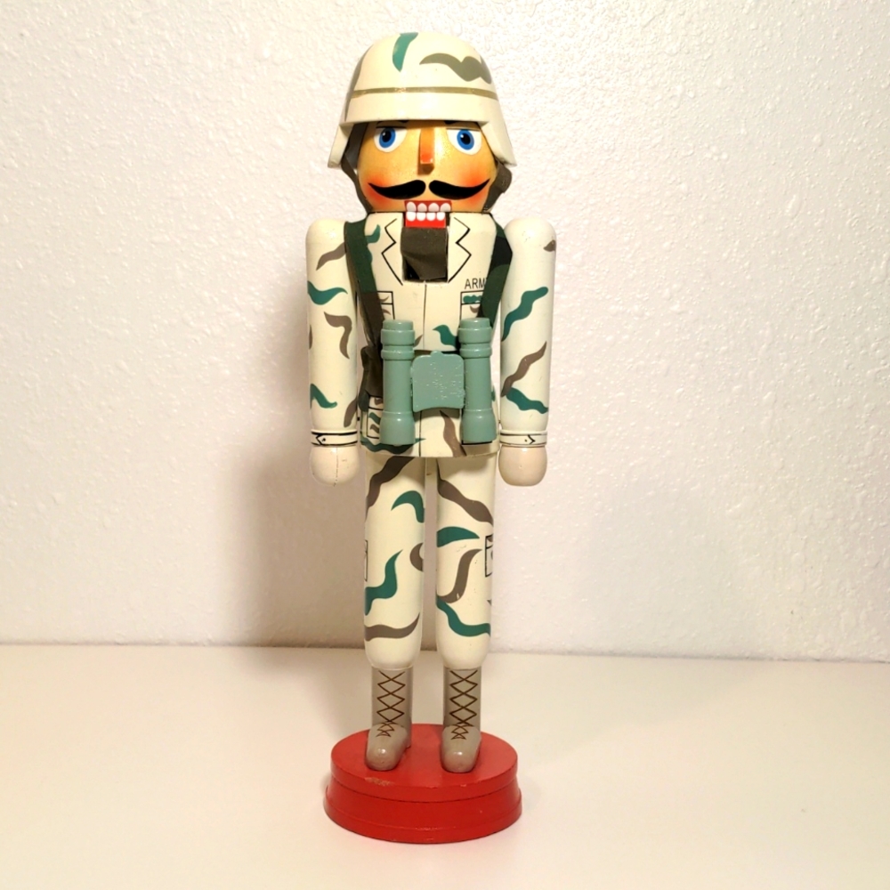 Nutcracker holiday Christmas gift wood camo tan green army military used